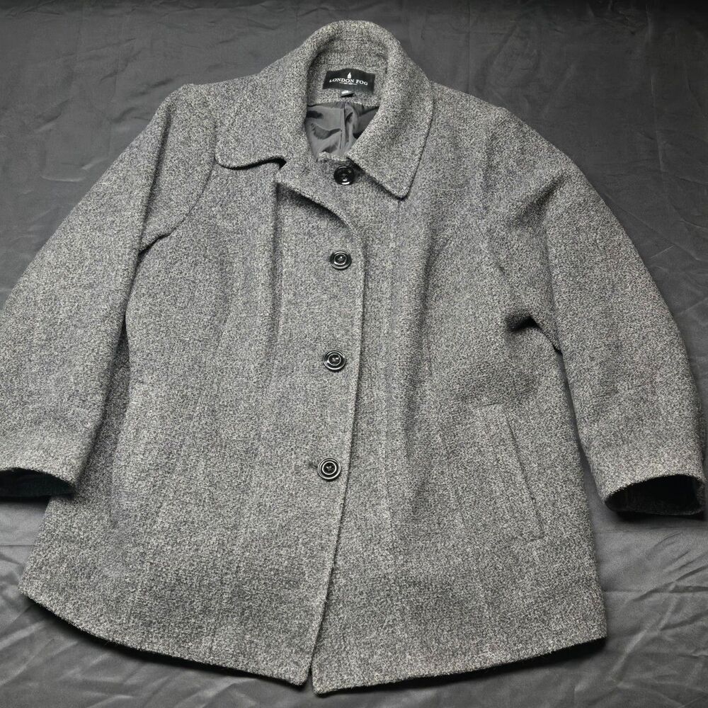 London Fog Pea Coat Women’s 1X Gray Wool Blend Classic Jacket Pockets Plus Size
